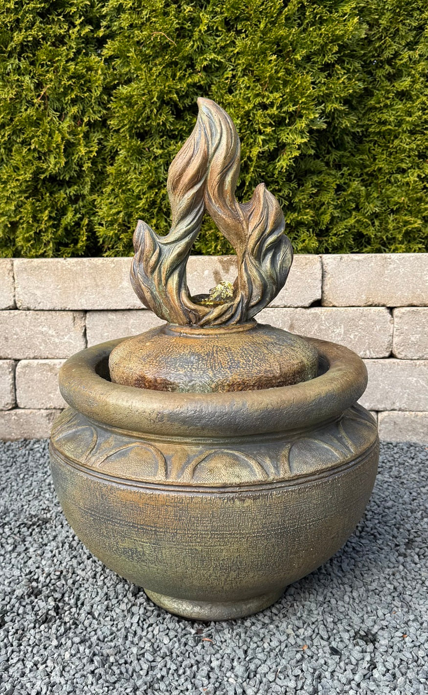 Eternal Flame Garden Fountain with Light in cast stone