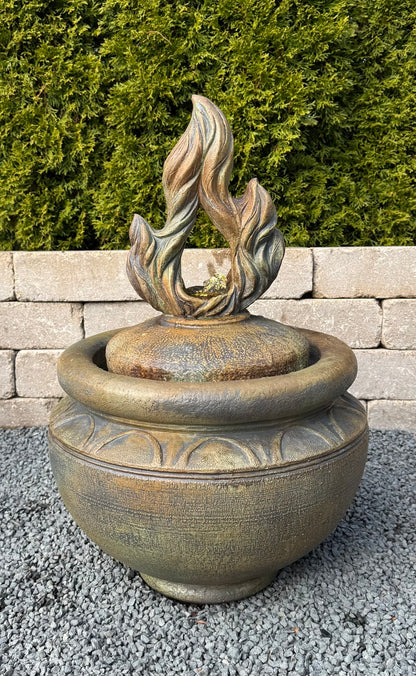 Eternal Flame Garden Fountain with Light in cast stone