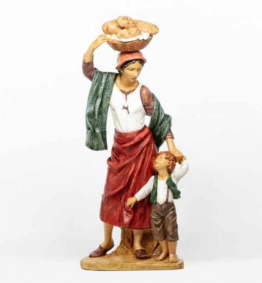 Lydia and Son Shepherdess Statue for Nativity Set Basket on Head Sculpture