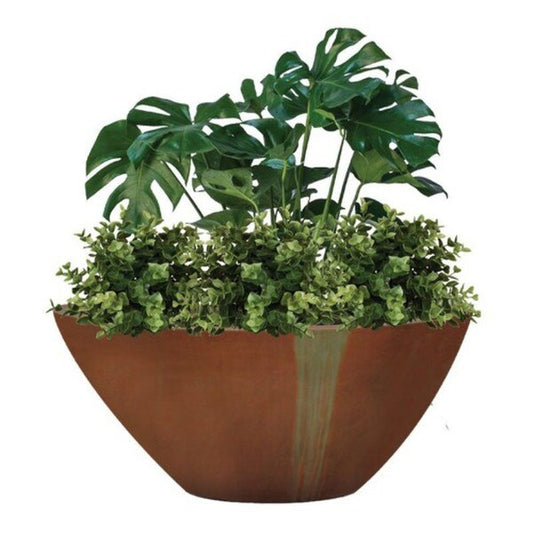 planter is shaped like an elongated oval rounded and curved profile