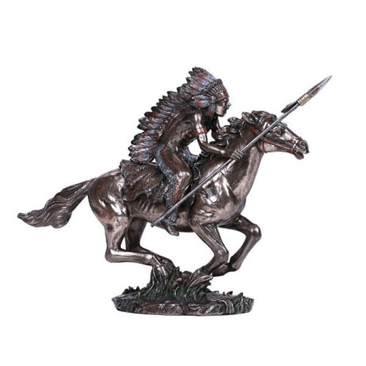 Native Indian Warrior on Running Horse Sculpture With Spear