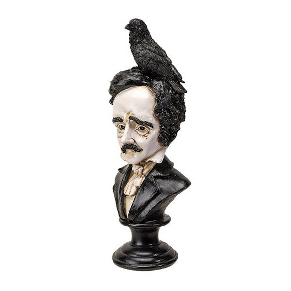 Edgar Allen Poe Bust with Raven Statue Bird on top of head sculpture
