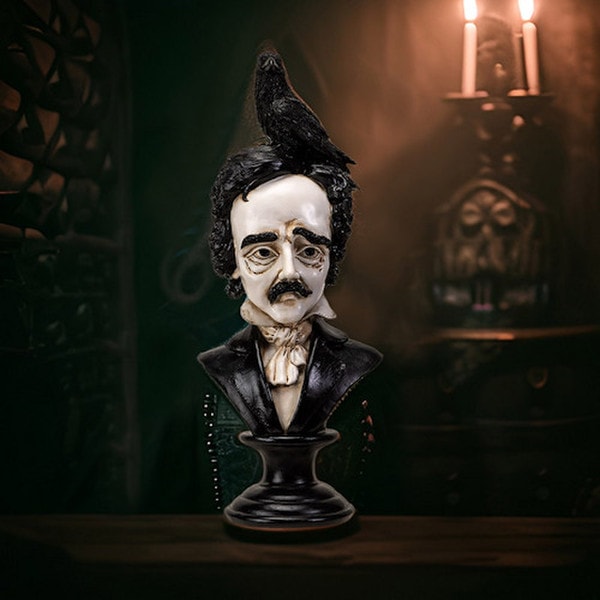 Edgar Allen Poe Bust with Raven Statue portrait sculpture with background