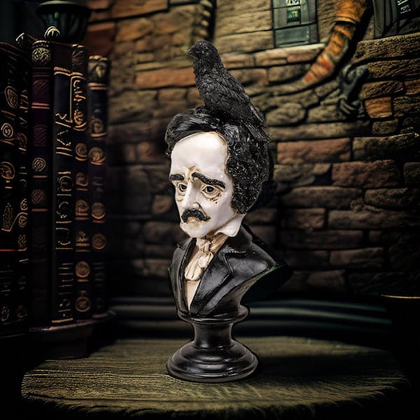Edgar Allen Poe Bust with Raven Statue Decorative Sculpture Portrait