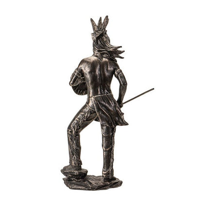 sculpture depicts a Native American warrior proud shield and spear