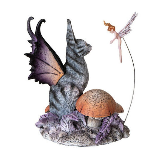 enchanting sculpture depicts a fantastical cat with bat-like wings mushroom