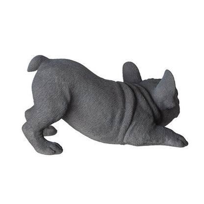 Side view of statue Grey Frenchie Bulldog Sculpture playful pose lifelike figurine