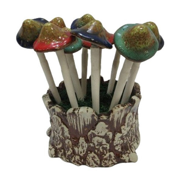 Ceramic Mushroom Pick Set with Planter set of twelve sculptures holder