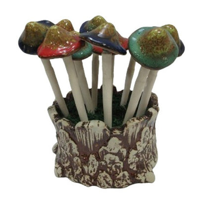 Ceramic Mushroom Pick Set with Planter set of twelve sculptures holder
