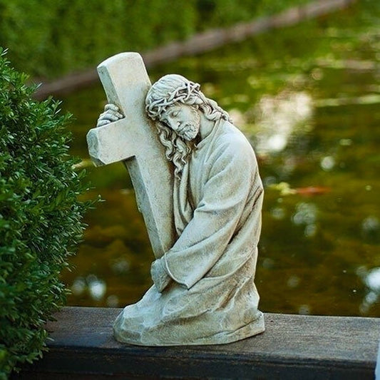 Jesus Holding Cross Sculpture Caring the Crucifix Statue Figure