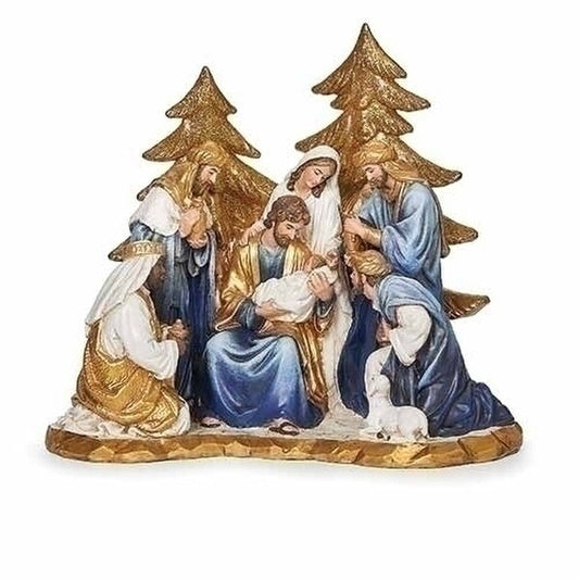 Nativity Scene with Gold Trees Statue Blessed Scene Sculpture Set Statue