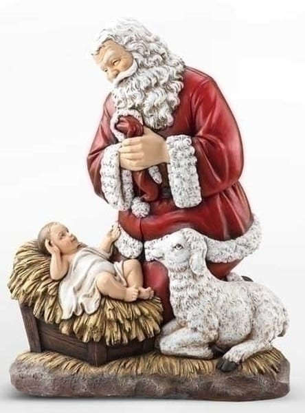 Santa Adorning Christ Child in Manger Outdoor Sculpture Holiday Decor