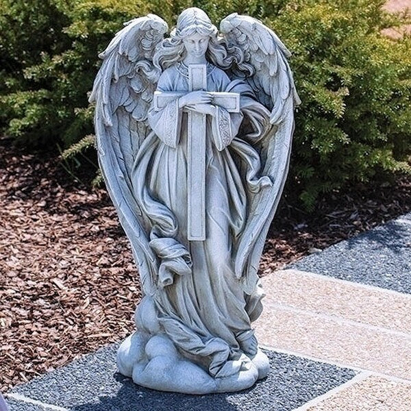 Angel Holding Cross Garden Sculpture Decorative Artwork Statuary