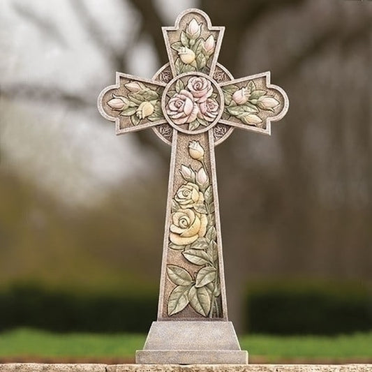 Cross with Roses Garden Statue 26" High