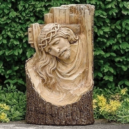 Carved Log Cross with Jesus Garden Statue