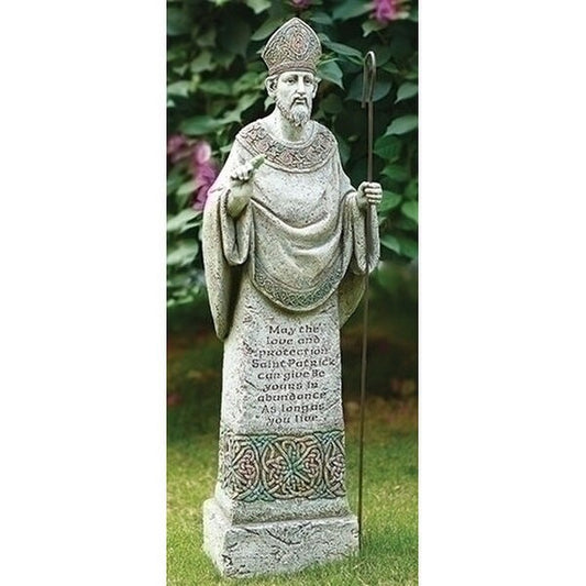 Saint Patrick Celtic Garden Statue with Verse with Staff in Hand
