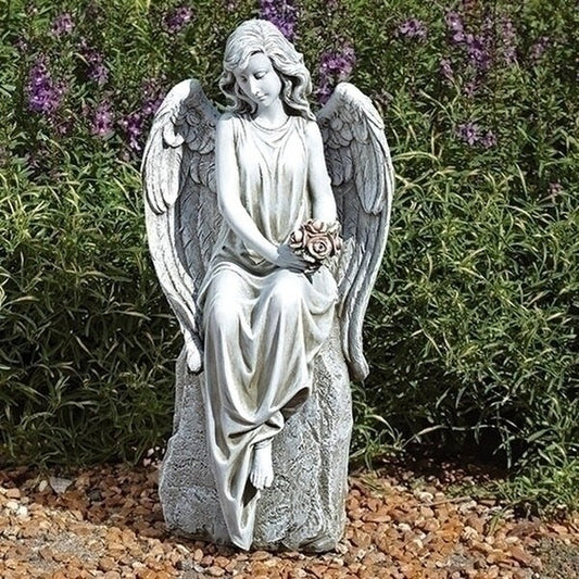 Angel Sitting on Rock Statue Holding Roses Memorial Garden Sculpture