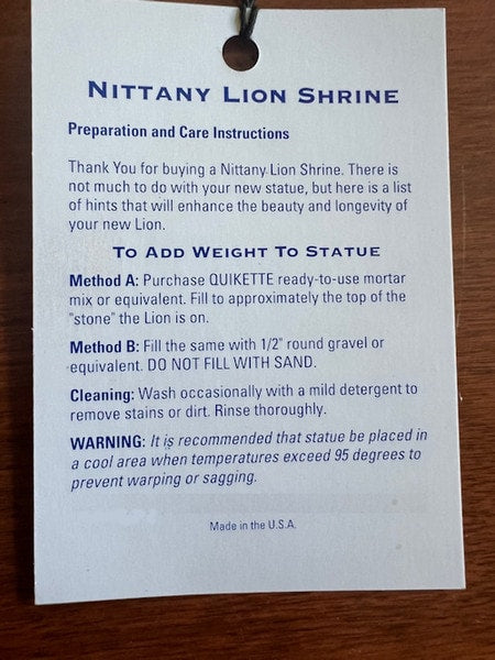 Nittany Lion Mascot Shrine Sculpture Replica Description of Statue Tag
