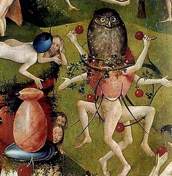 Owl berries scene from Hieronymus Bosch triptych figurine sculpture