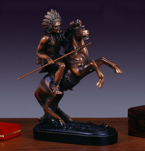 Chief On Horse Native American Statue Spear Warrior Figurine Art