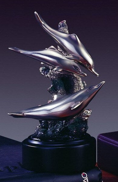 Three Dolphins Swimming High End Sculpture Silver Color Sea life