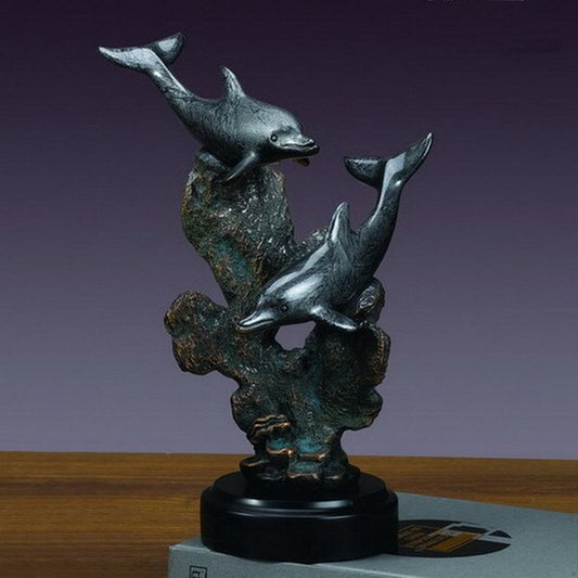 Two Dolphins Sculpture by Coral Classical Artwork Bronze Sculpted