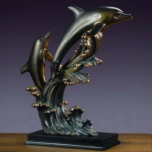 Two Dolphins Swimming On Waves Statue Large