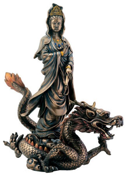 Buddha Statue - Kuan Yin with Dragon Sculpture Bronze