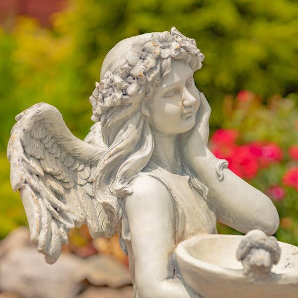 Angel with Dish Statue Antique White 39" H