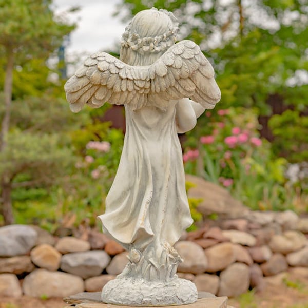 Angel with Dish Statue Antique White 39" H
