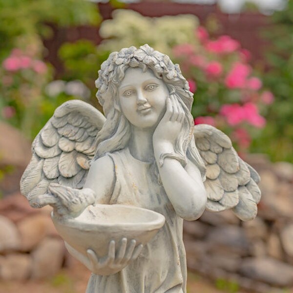 Angel with Dish Statue Antique White 39" H
