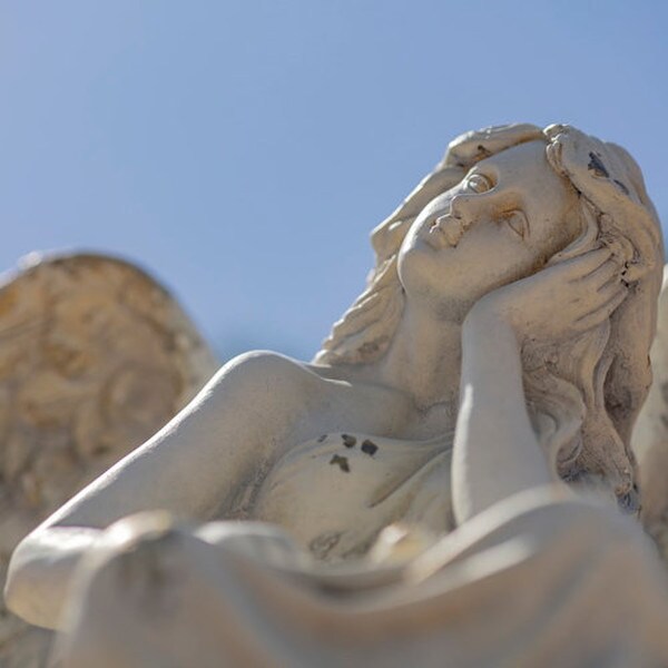 Angel sitting on Pillar Memorial Sculpture 30" H