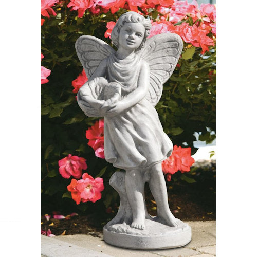 Decorative fairy garden statue holding flower with detailed wings and dress