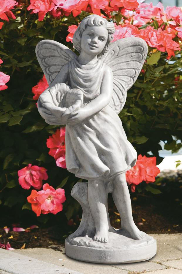 Fairy statue with wings holding flower handmade cast stone outdoor décor