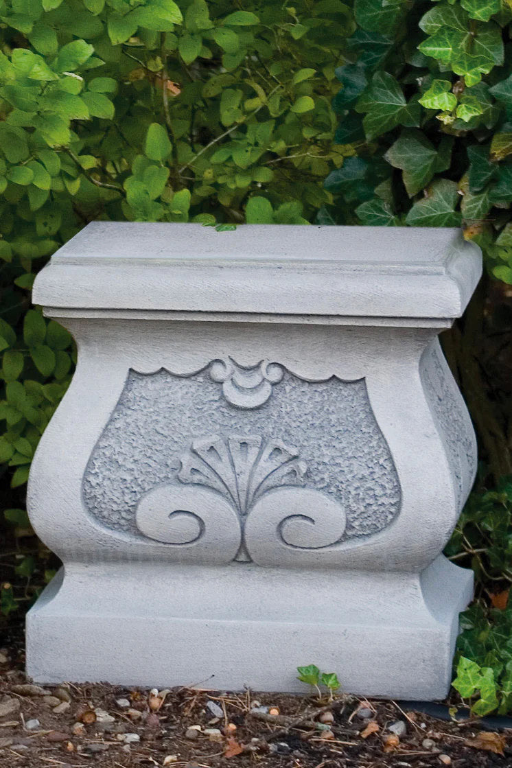 Cast stone garden pedestal 20 inch tall with decorative scrollwork panel for life-size statues