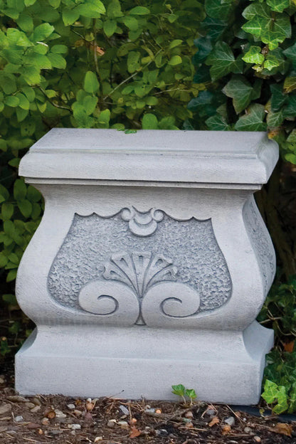 Cast stone garden pedestal 20 inch tall with decorative scrollwork panel for life-size statues
