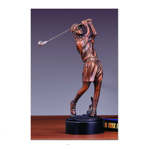 Female Golfer Swing Sculpture Award in Bronze Finish on Black Base Woman Athletes