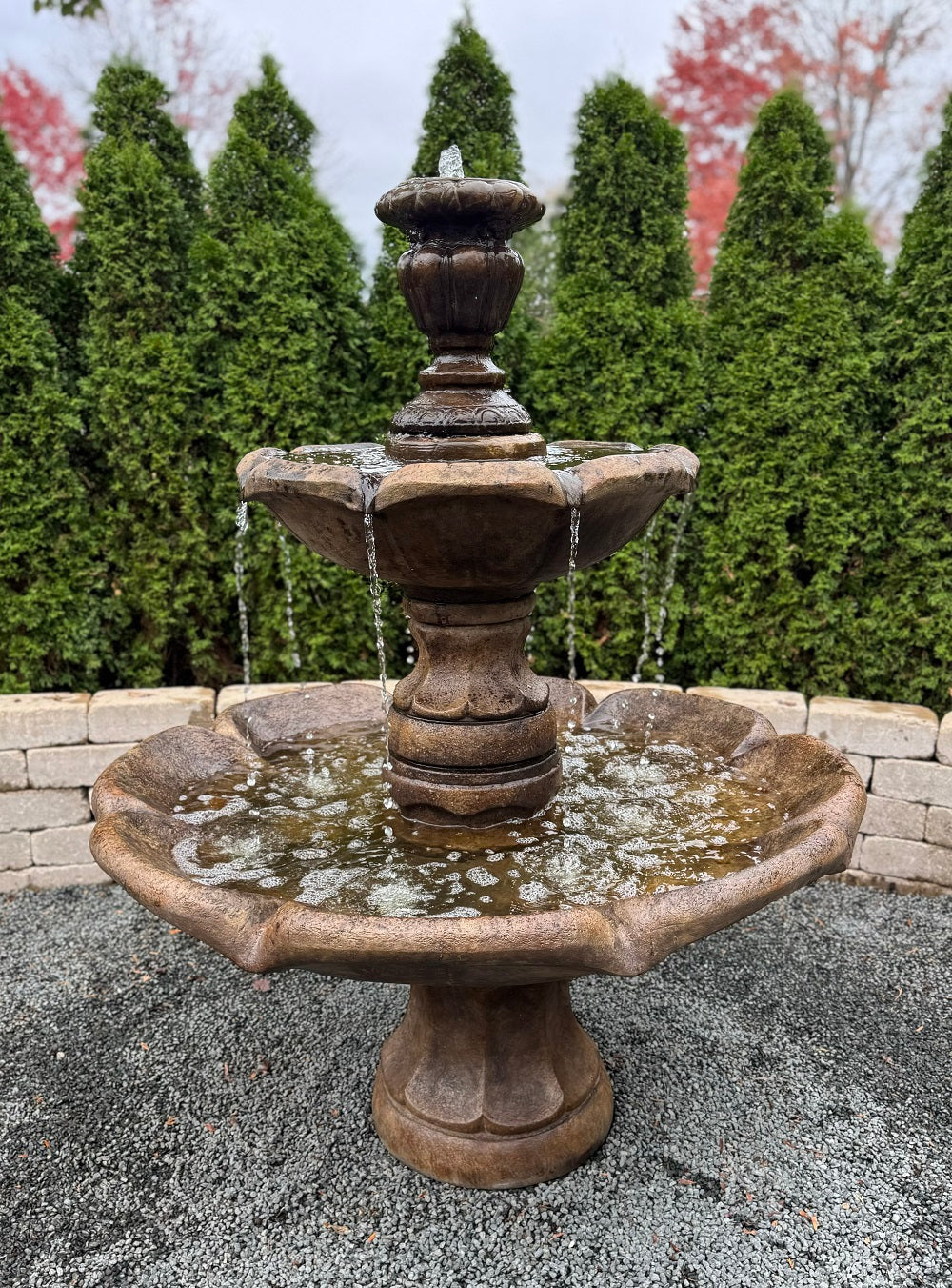 European courtyard fountain with cascading water flow