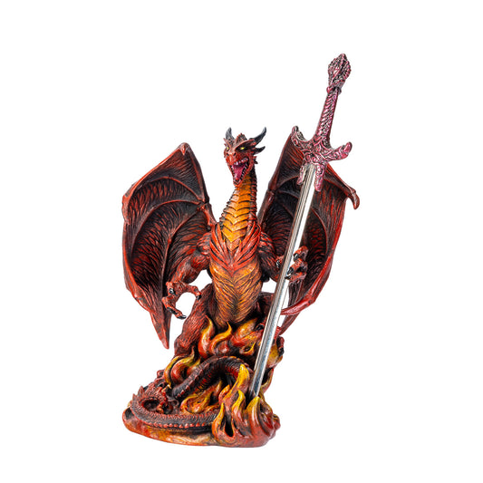 fire dragon holding sword letter opener sculpture flames around base of statue