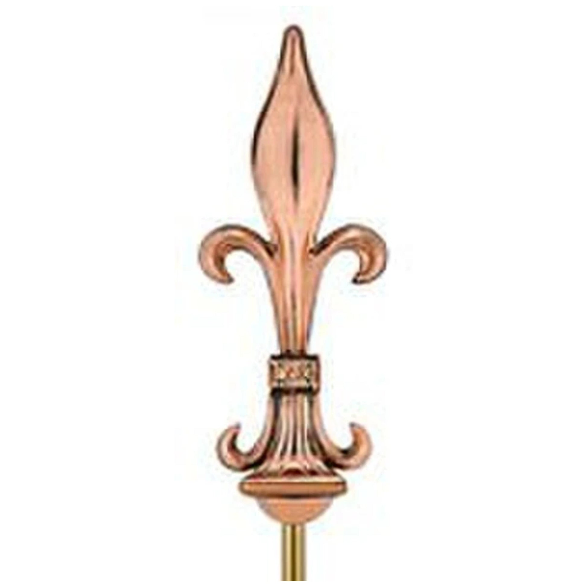 Tall copper finial featuring a classic fleur-de-lis design atop a slender pointed base.