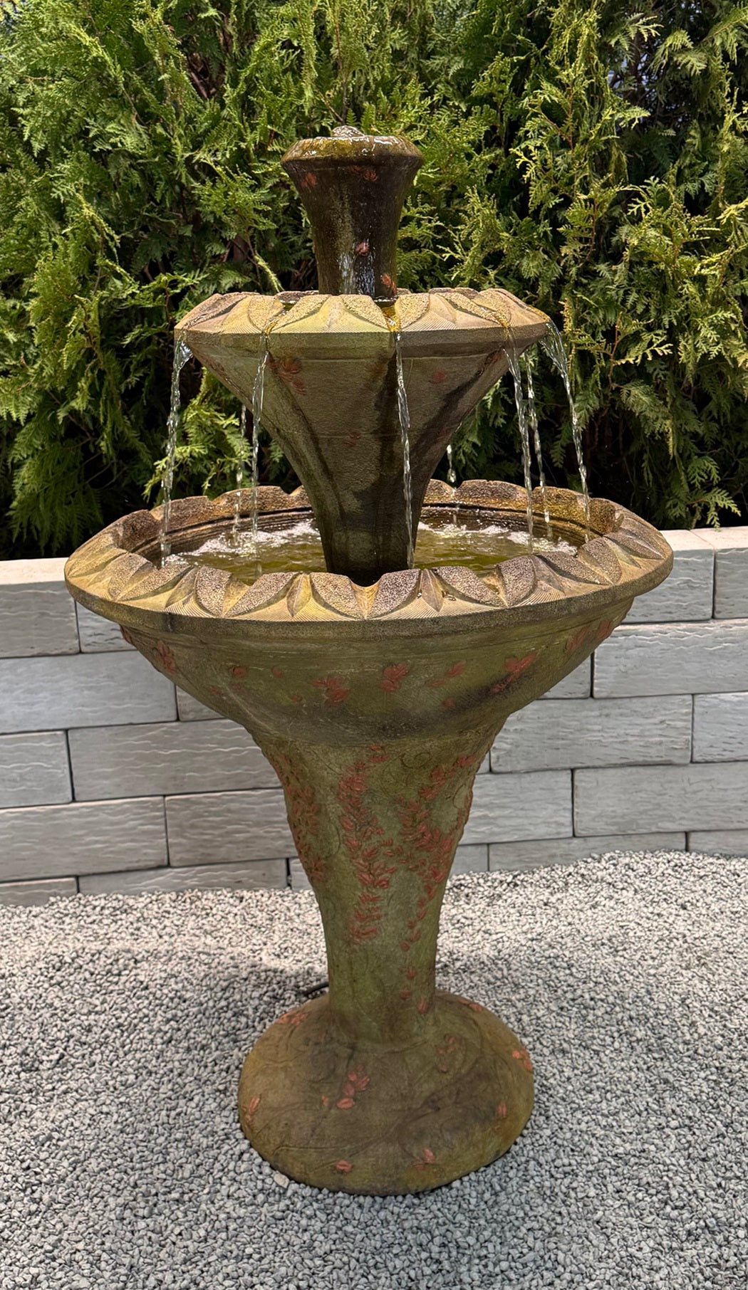 Flora Two-Tier Fountain flowers high relief on pedestal garden sculpture