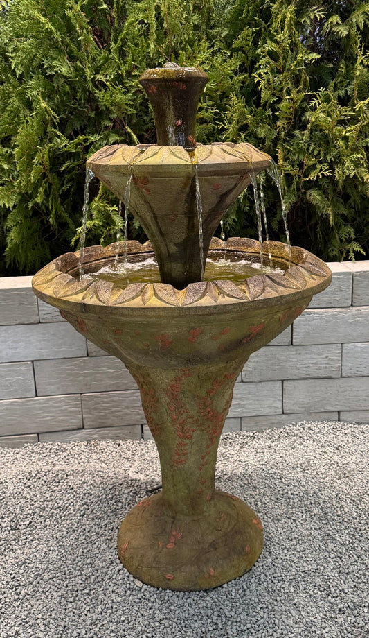 Flora Two-Tier Fountain flowers high relief on pedestal garden sculpture
