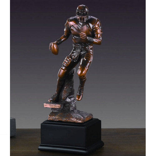 Bronze football player statue mid-run, mounted on black base, 10 inches high awards and trophies