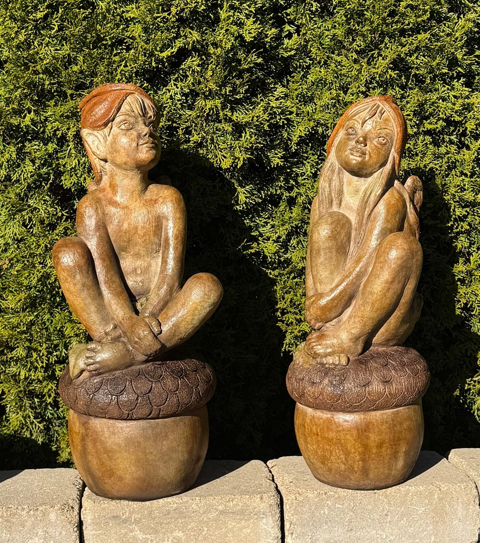 Forest and Willow Children of the Forest Garden Statue Pair Fairies Pixies sitting on acorn