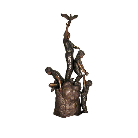 Bronze statue of four figures with an dove in hand on a white background