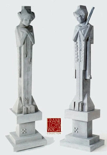 Garden Sprite pair with pedestals by Frank Lloyd Wright including baton figure
