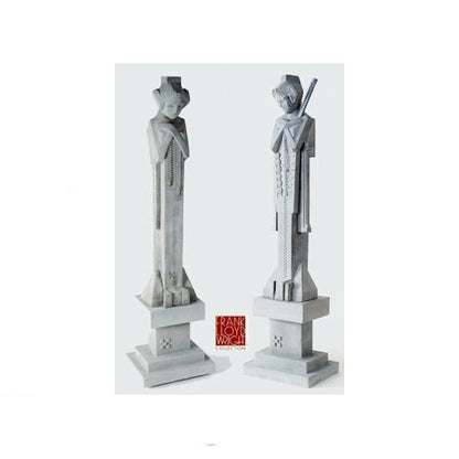 Wright Garden Sprite duo on pedestals with baton & companion figure Architectural Prairie style sculpture set