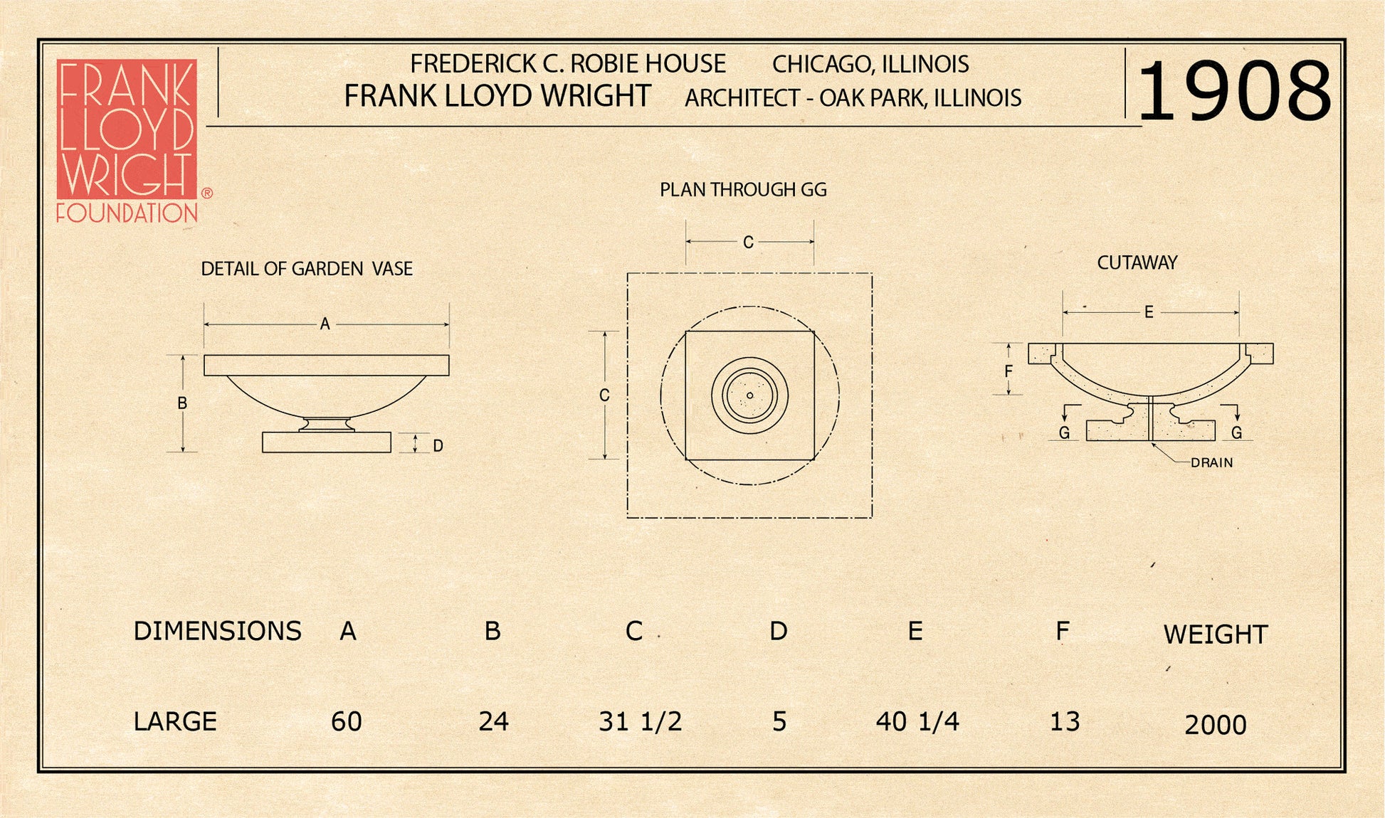 Blueprint of a Frederick C. Robie Residence garden vase with dimensions and details, featuring the Frank Lloyd Wright Foundation logo.