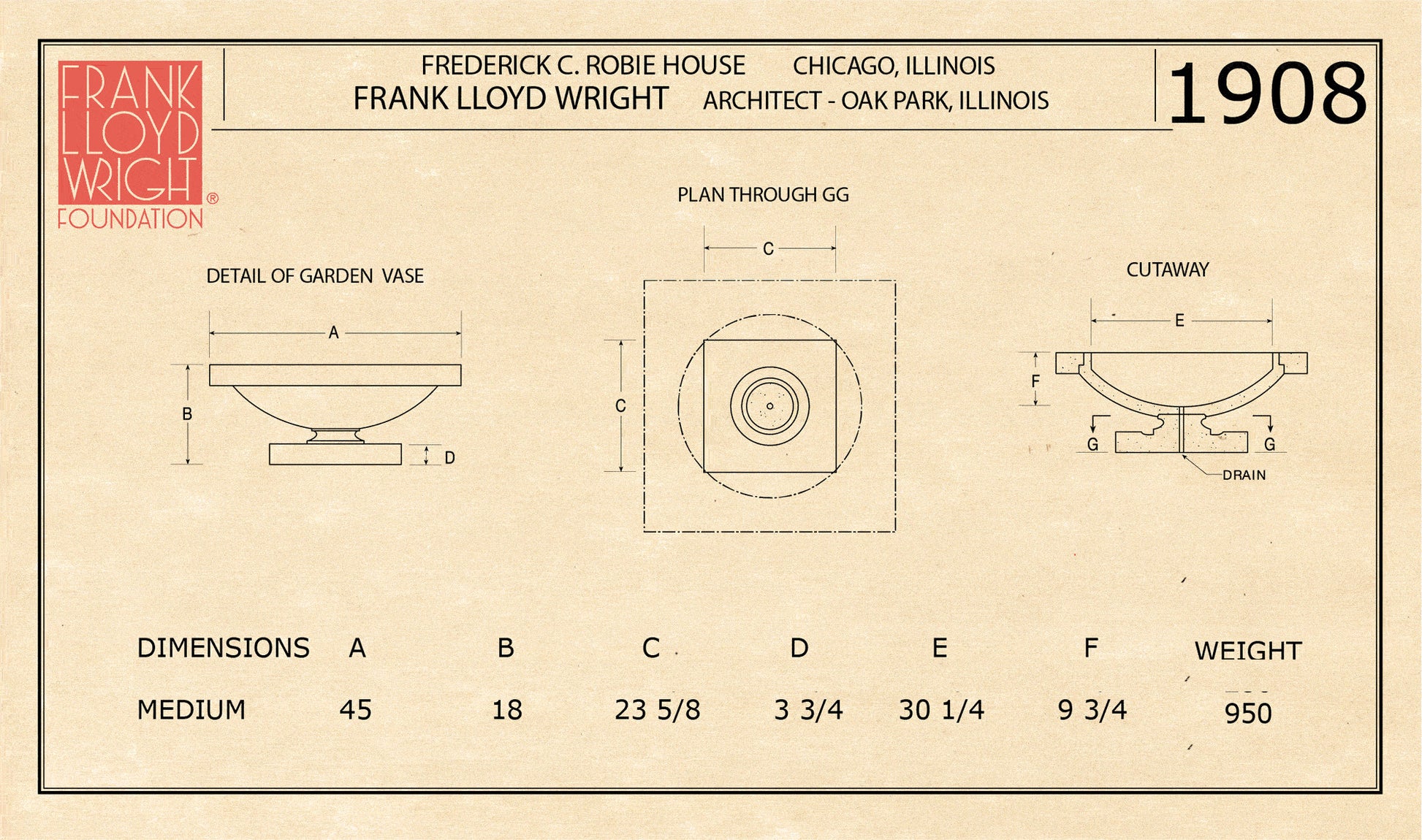Technical drawing of a garden vase with dimensions and details, featuring the Frank Lloyd Wright Foundation logo Frederick C. Robie Residence Vase