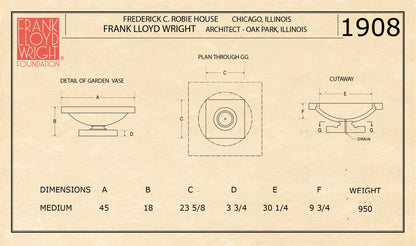 Technical drawing of a garden vase with dimensions and details, featuring the Frank Lloyd Wright Foundation logo Frederick C. Robie Residence Vase